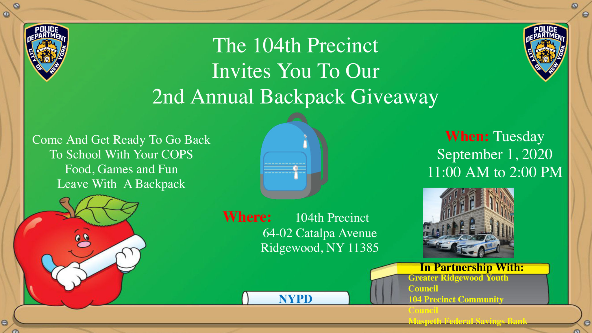 Ridgewood’s 104th Precinct to host back to school backpack giveaway