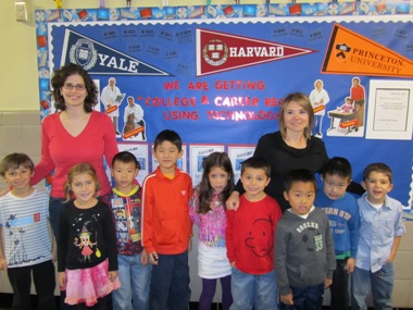 Photo Courtesy of Janet Elias. First grade teacher Mrs. Schwartz (left) and Assistant Principal Mrs. Karalazarides (right) pose with students.