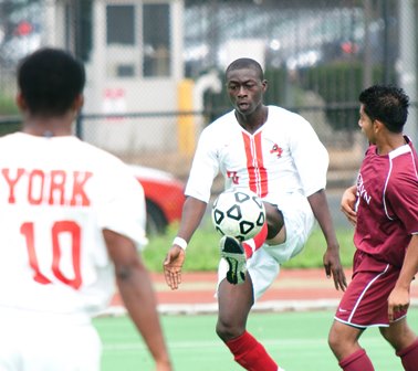 Rachidi Amadou scored two goals to lead York College pass Sarah Lawrence in their season opener.