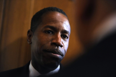 Senate Majority Leader Malcolm Smith after he held a press conference urging New Yorkers to take action and suggest ways  to participate in the budget process. Photo taken in the State Capitol Building.