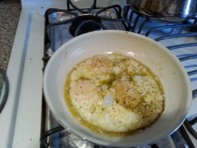 Three eggs, a frying pan and olive oil. Think of all the scientific possibilities.