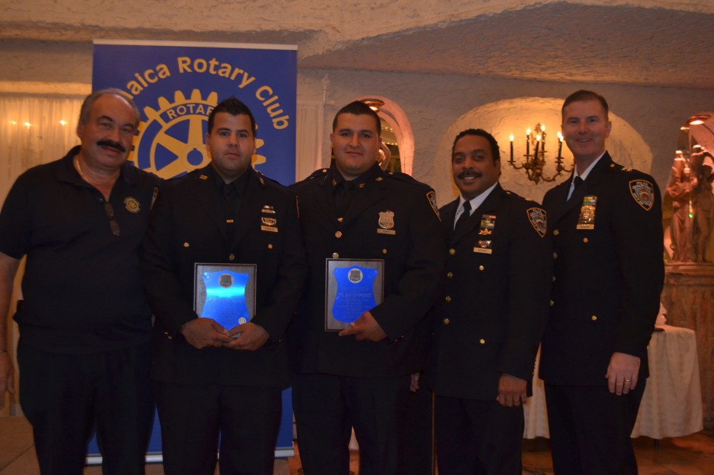 P.O. David Gomez and P.O. Andres Gonzalez of the 106th Precinct were honored for their work in catching a car thief in progress with 77 prior arrests. (From left: Joe Iaboni, P.O. Andres Gomez, P.O. David Gomez, Deputy Inspector Jeffrey Schiff and Commanding Officer of Queens South David Barrere)