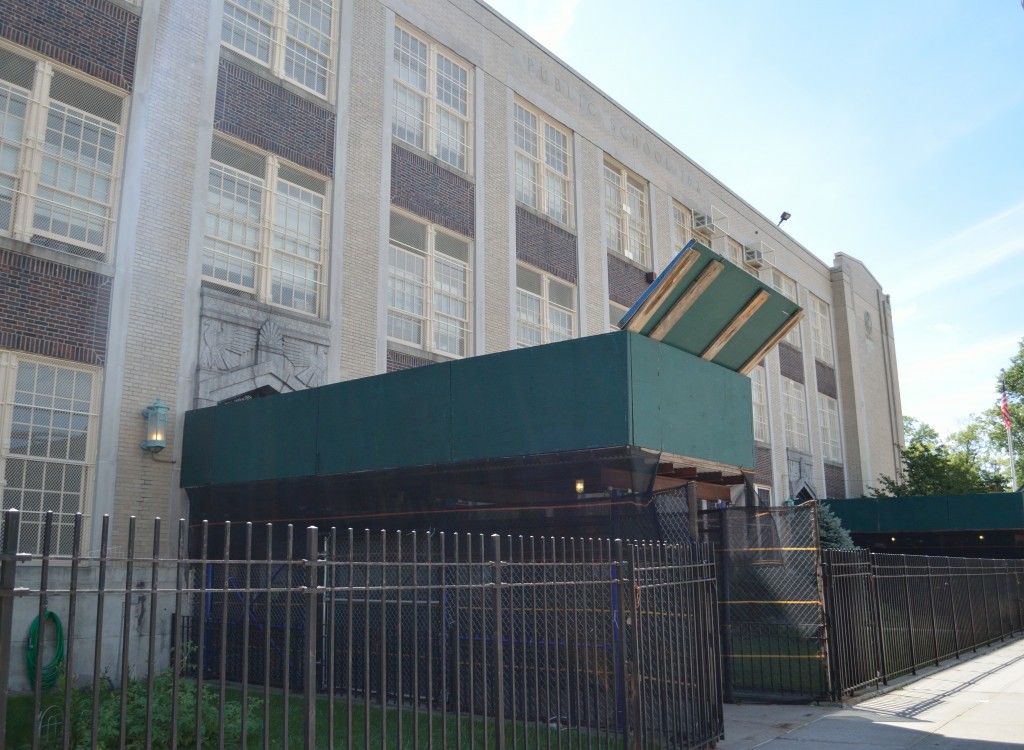 Scaffolding at P.S. 162 went up last school year but a construction date hasn't been announced.