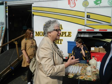State Sen. Toby Ann Stavisky visits the Mobile Maple Trailer at John Bowne High School.