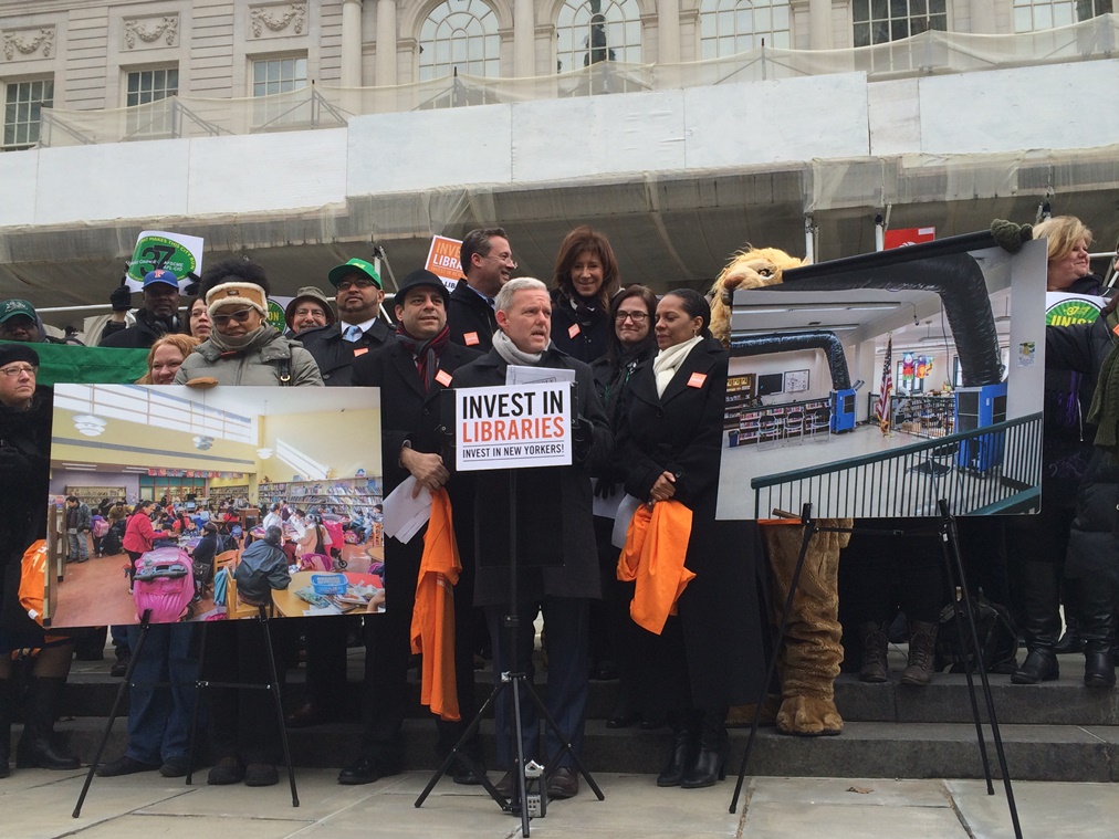 Councilman Jimmy Van Bramer (center) joined other elected officials, city library presidents and advocates to launch the "Invest in Libraries" campaign.