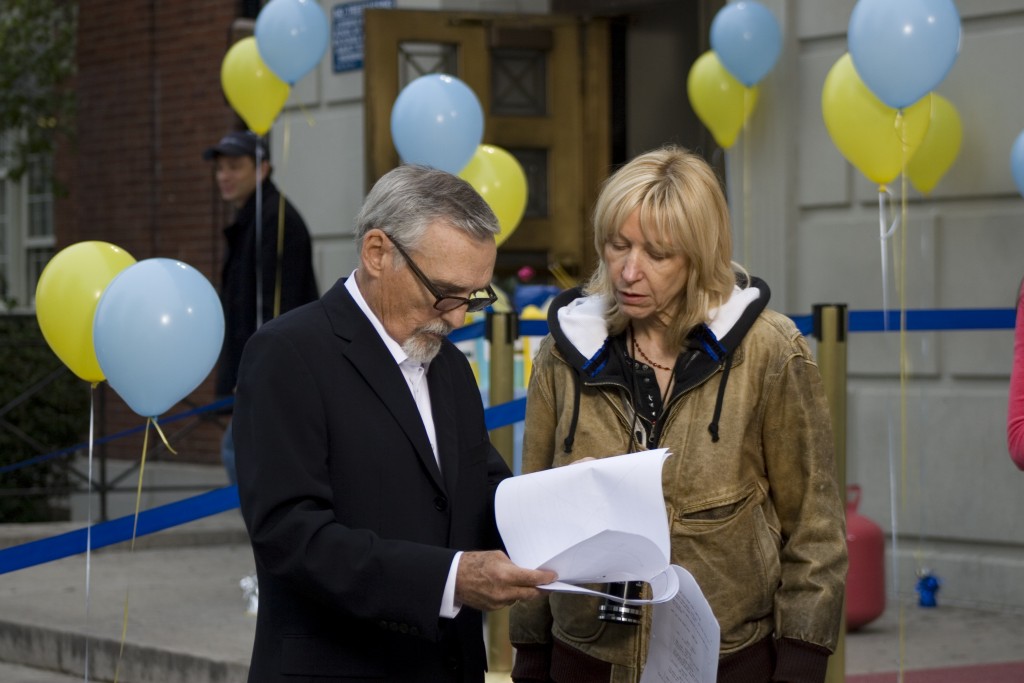 Actor Dennis Hopper and filmmaker Linda Yellen on the set of "The Last Film Festival."