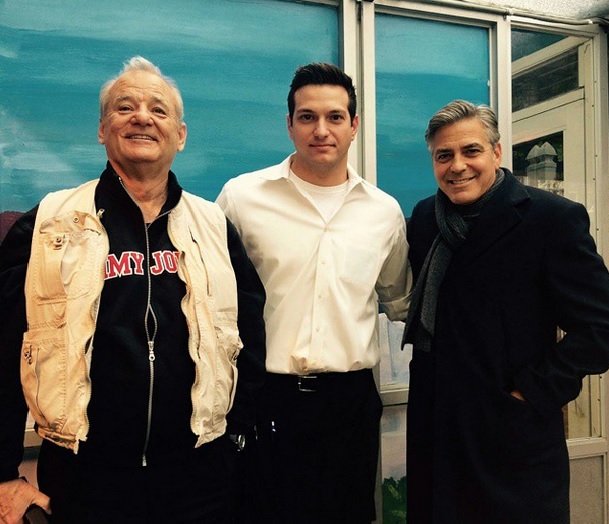 Bill Murray and George Clooney with Taverna Kyclades manager Konstantinos Daniil last month when the two enjoyed lunch at Astoria's Taverna Kyclades.