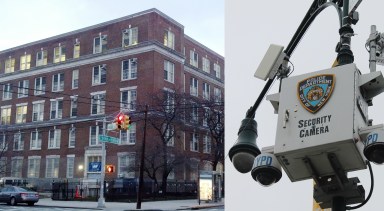 The projects being voted on by residents in nine Queens City Council districts include soundproofing of the cafeteria at P.S. 122 in Astoria (left) and funding three NYPD security cameras in District 19.
