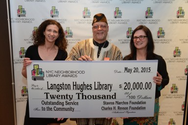 (left to right) Julie Strauss-Gabel, publisher of Dutton Children’s Books; Langston Hughes Library Executive Director Andrew P. Jackson; and Bridget Quinn-Carey, Interim President of the Queens Library.