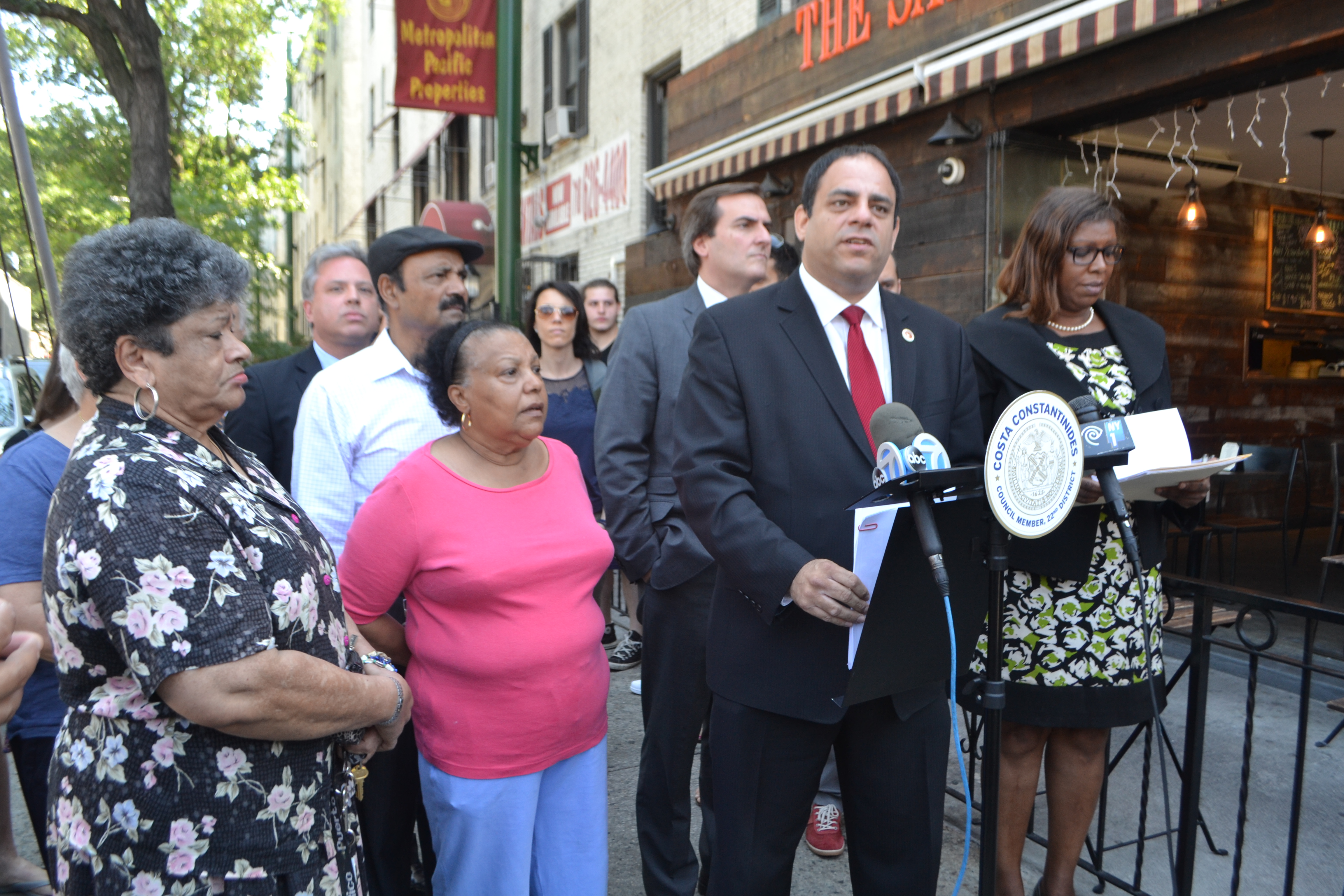 Elected officials joined residents and shareholders  of the Acropolis Gardens co-op building in Astoria to call on the management company to restore gas and hot water, which have been out since late April.