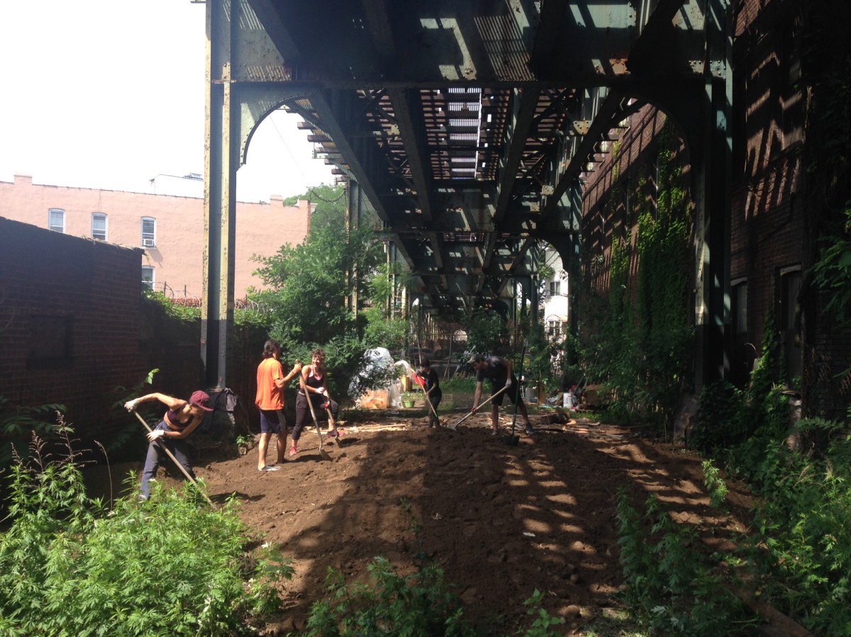 Volunteers transforming the land beneath the M train tracks between Woodward Avenue and Woodbine Street into the Ridgewood Community Garden.