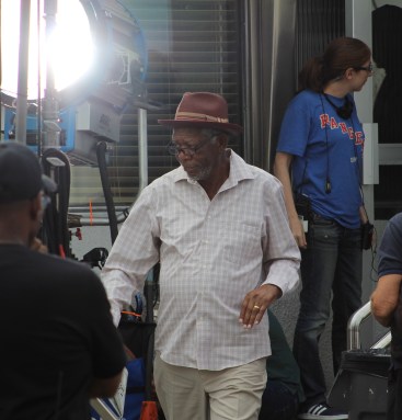 Veteran actor Morgan Freeman filming a scene for his upcoming film "Going in Style" at Nat's Diner in Maspeth