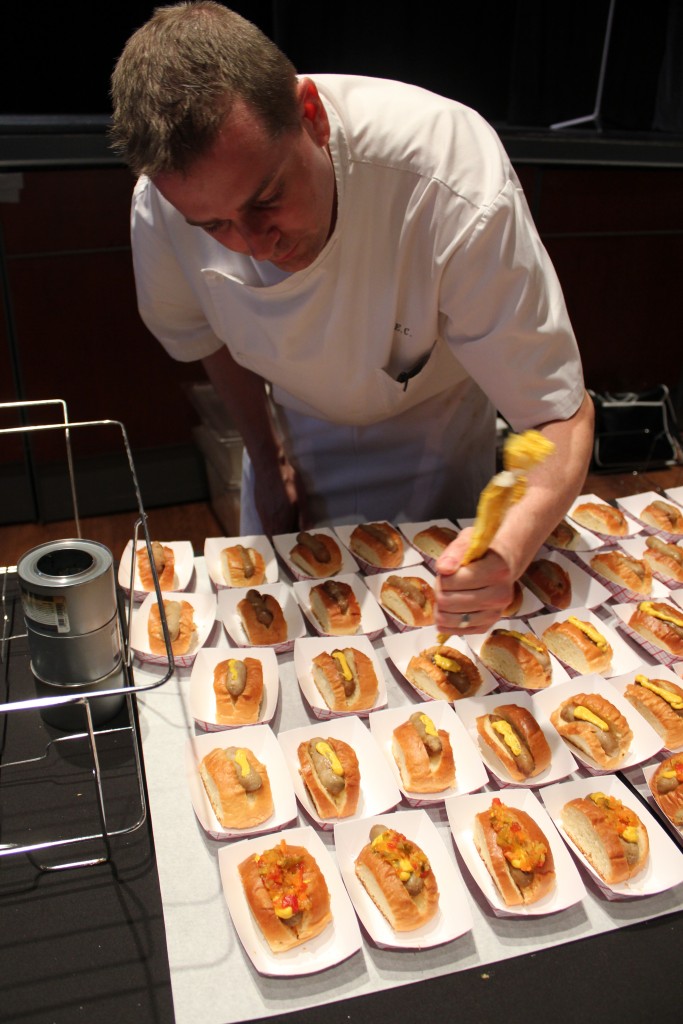 Bravo's "Top Chef" Season 7 runner up and Sotto 13 Chef Ed Cotton prepares his rabbit and mortadella hot dogs 