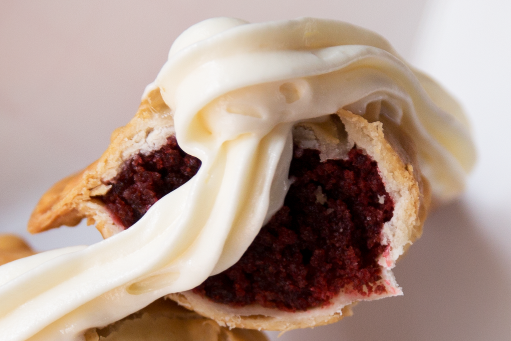 YourPanadas' red velvet cake empanada topped with whipped cream cheese icing.