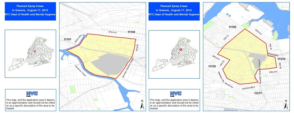 The northwest Queens spray zones. (Maps courtesy NYC Health Department)