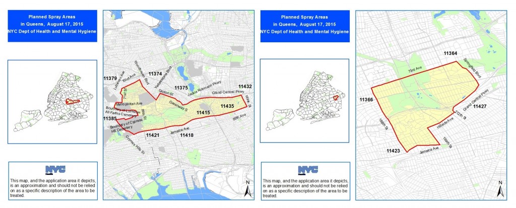 The central Queens spray zones (Maps courtesy NYC Health Department)