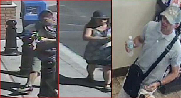 Police are looking for four suspects, three of whom are pictured, for stealing from a 68-year-old woman last week after puncturing one of her car's tires.