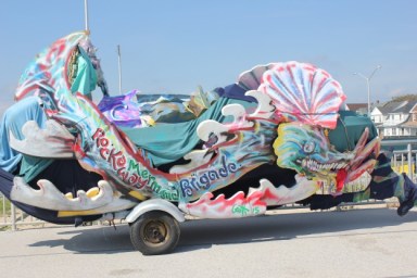 The Rockaway Mermaid Brigade's colorful sea dragon float was front and center at the first ever Poseidon Parade in Rockaway Beach.