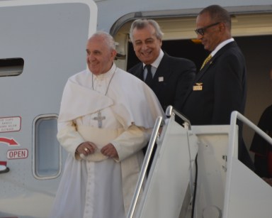 Pope Francis smiles as he arrives at John F. Kennedy Airport on Thursday afternoon.