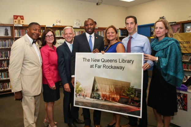 Elected officials gathered at the site of the Far Rockaway library to announce a $29.75 million reconstruction project.