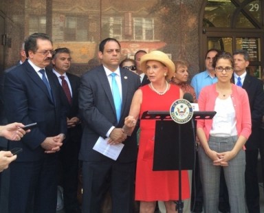 Congresswoman Carolyn Maloney announced on Wednesday suggestions from the Treasury Department on ways Greek-American families can send financial aid to struggling relatives in Greece. Among those also pictured are City Councilman Costa Constantinides and Assemblywoman Aravella Simotas.