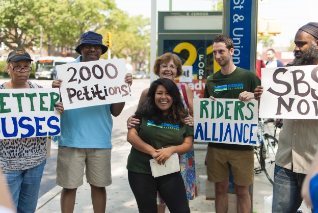 Members of the Riders Alliance gathered more than 2,000 petitions in support of a select bus service plan for the Q44.