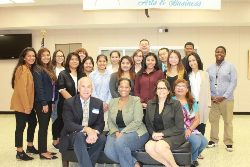 Bill Hemann of HOSPECO, Councilwoman Ferraras-Copeland, Deputy Schools Chancellor Elizabeth Rose and students at the High School of Arts and Business in Corona.