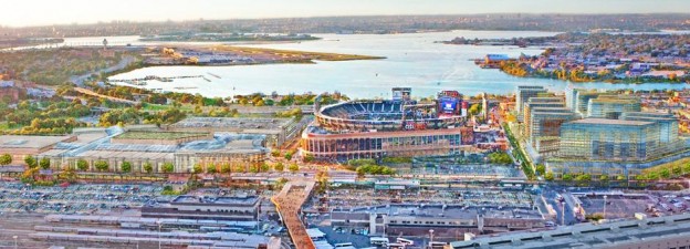 A rendering of a completed Willets Point redevelopment, with Citi Field in the middle.