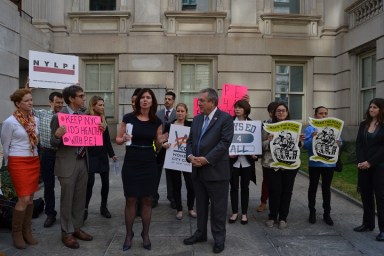 Councilwoman Elizabeth Crowley and Councilman Daniel Dromm with physical education advocates outside of the Tweed Courthouse prior to Thursday's vote on the PE legislation.
