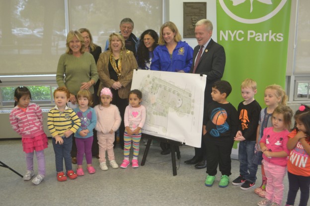 Queens Borough President Melinda Katz, Councilman Jimmy Van Bramer and Parks Commissioner Dorothy Lewandowski unveiled the design for a newly renovated Big Bush Park in Woodside.