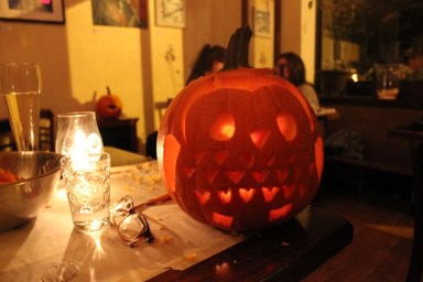 An owl jack-o-lantern by Footlight bar owner Laura Regan at Julia's first "Drink and Carve" in Ridgewood.