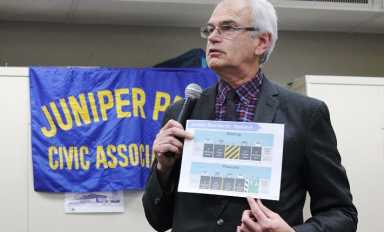 JPCA President Robert Holden presented both Options A and B of the DOT's proposed bike lane plan for Juniper Boulevard North at JPCA's meeting.