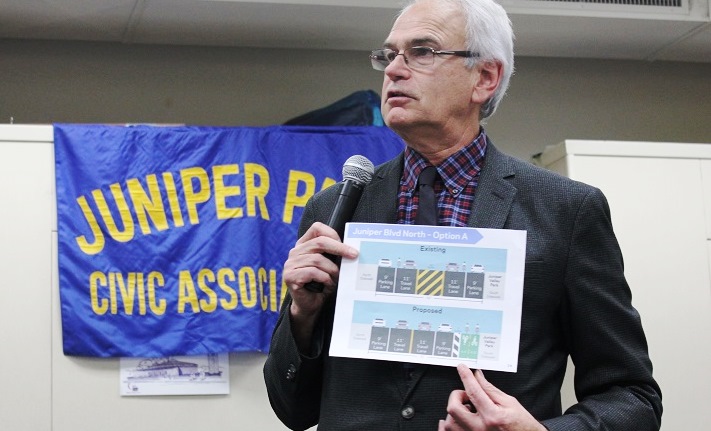 JPCA President Robert Holden presented both Options A and B of the DOT's proposed bike lane plan for Juniper Boulevard North at JPCA's meeting.