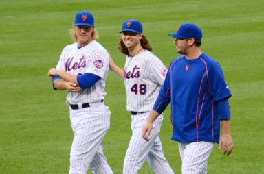 Mets starting pitchers Noah Syndergaard (at left), Jacob deGrom (center) and Matt Harvey will be facing a Kansas City Royals lineup that thrives on fastballs.