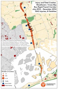 A map created by the BRT for NYC coalition highlighting the crashes along Woodhaven and Cross Bay boulevards from July 2012 to Dec. 2014. (Map courtesy BRT for NYC)