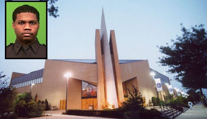 The Greater Allen AME Cathedral in Jamaica will host the wake and funeral service for slain P.O. Randolph Holder (inset).