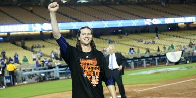 Mets pitcher Jacob deGrom celebrates following his Game 5 win over the Los Angeles Dodgers in the Division Series.