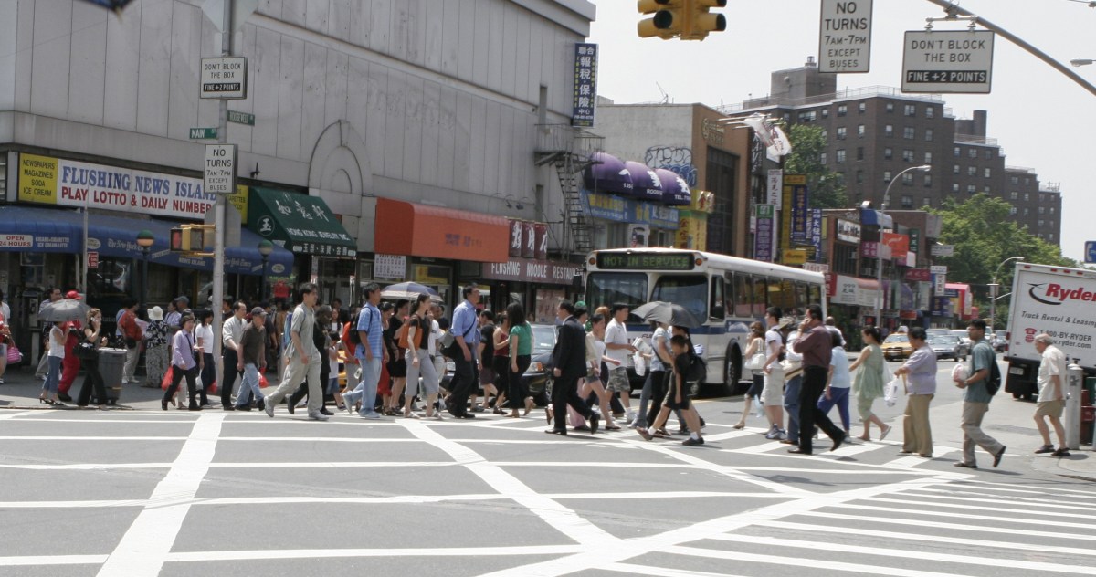 The corner of Main Street and Roosevelt Avenue in Flushing