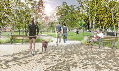 A rendering of what the entrance of a city park would look like after being redesigned through the new Parks Without Borders initiative.