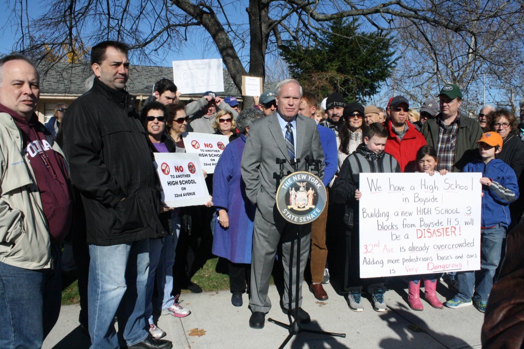 Bayside residents and state Senator Tony Avella held another protest rally Saturday against a proposed high school at the defunct Bayside Jewish Center.