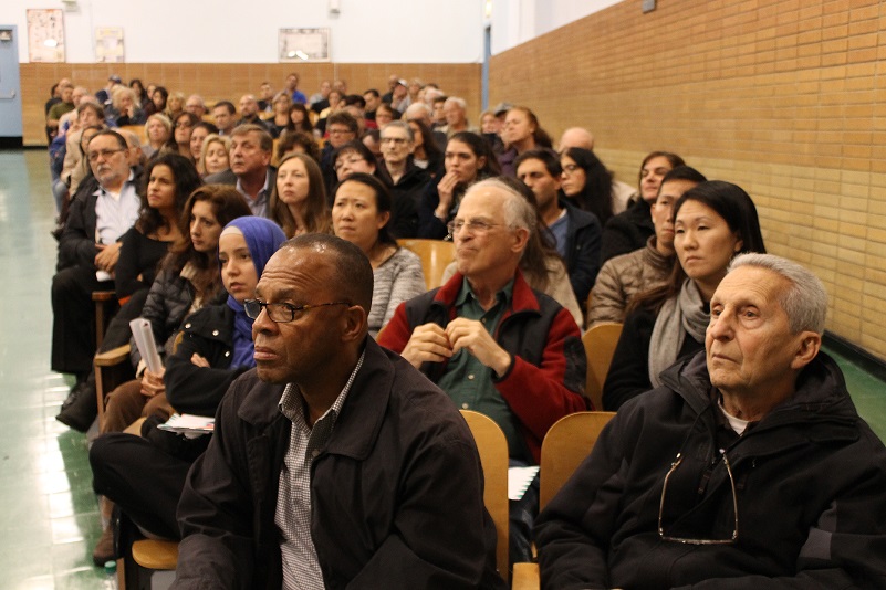 Community members showed up en masse to voice their disapproval to public presentation on a proposal which would put a 739-seat high school in the Bayside Jewish Center.