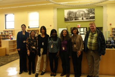 Shown from left to right at the Ridgewood library:  Alicia Hasson, Mary Soraghan, Tina Choi, Samantha Small, Rebecca Rubenstein, Vesna Simon and Thomas Dowd