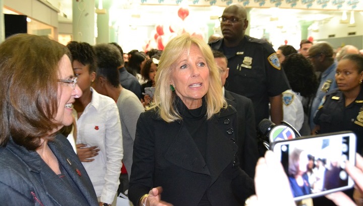 Second lady Dr. Jill Biden spoke to students and Long Island City's LaGuardia Community College on Wednesday morning.