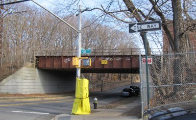 The Rockaway Beach rail line overpass at Park Lane South on the Woodhaven/Richmond Hill border, which one local civic group will be reused as a bus-only roadway.
