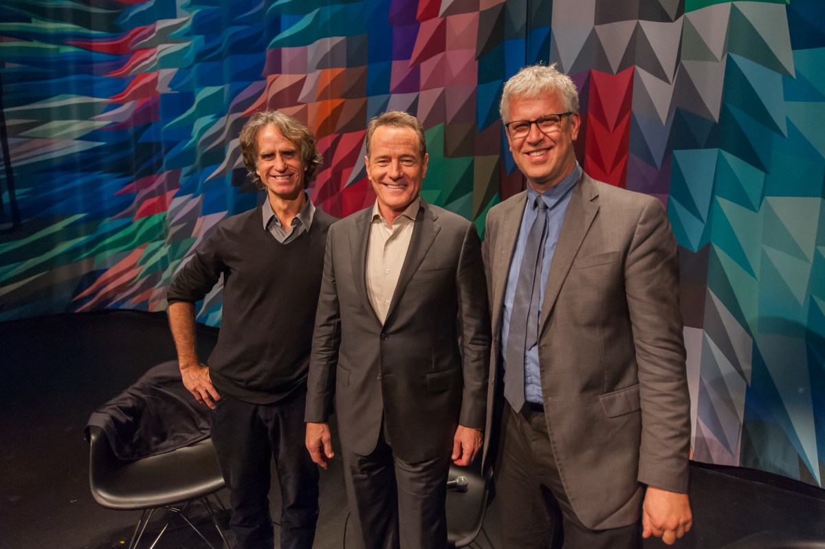 "Trumbo" director Jay Roach, actor Bryan Cranston and MOMI Chief Curator David Schwartz on stage for a discussion following a preview screening of the film at the Museum of the Moving Image.