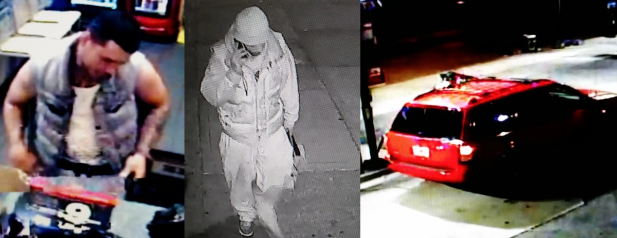 Police are looking for two men (pictured) who robbed a Flushing gas station armed with a gun and then fled the scene — one by foot and the other in a red Jeep Grand Cherokee.