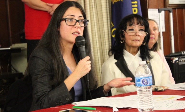 DOT Queens Borough Commissioner Nicole Garcia (left) and Woodhaven BID Executive Director Maria Thompson (right) address residents and civic leaders at first public forum on the DOT's SBS plan.