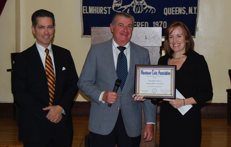 Robert Valdes-Clausell, a long time Elmhurst activist, is shown (at left) in this 2008 picture with Newtown Civic Association President Thomas McKenzie and then-Nassau County District Attorney Kathleen Rice.