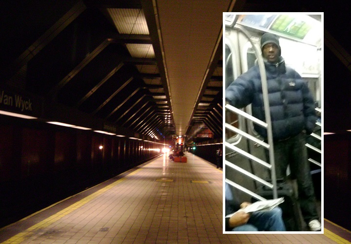 The man pictured at right pulled out a box cutter on board an E train as it pulled into the Jamaica-Van Wyck station on Feb. 5.