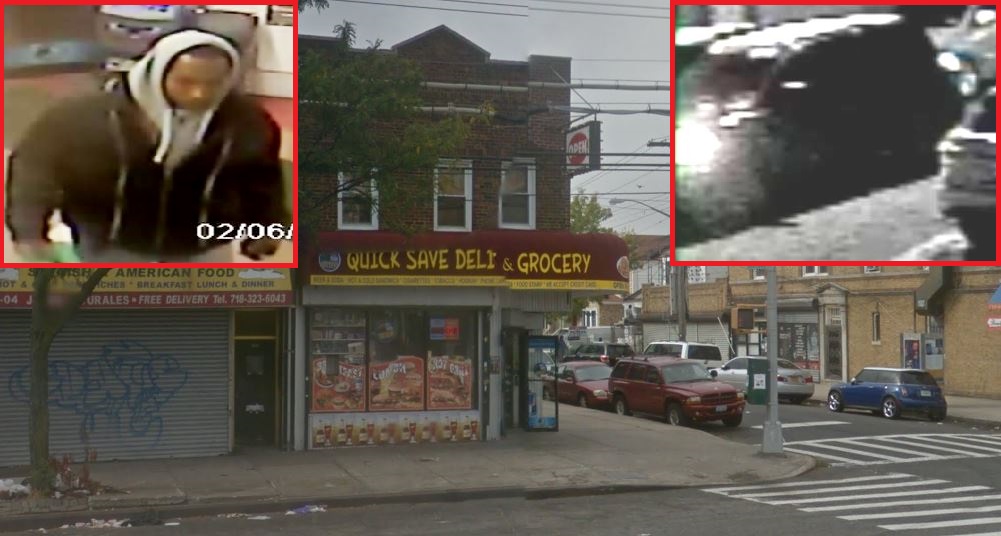 The suspect and getaway car involved in a robbery at this South Ozone Park grocery store earlier this month.